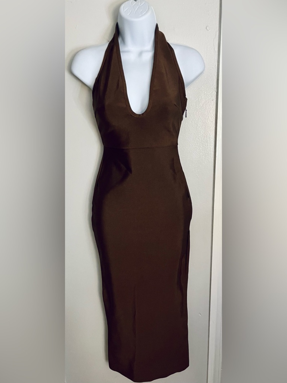 Women’s Brown Sleeveless V-Neck Bandage Midi Dress